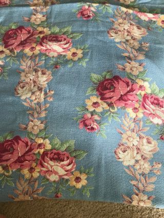 2,  Vintage Cabbage Rose Barkcloth Home Decor Cotton Fabric Panel 1940s Blue