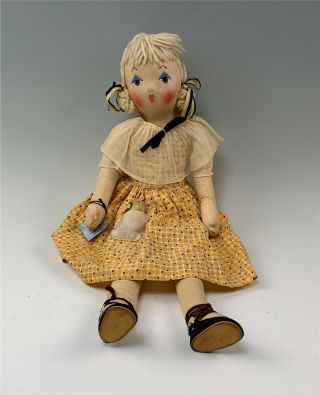 Adorable Vintage Felt,  Painted Face 23 " Cloth Doll W/ Little Chick In Pocket