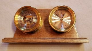 Vintage Brass 5 1/8 " Bell Clock Company Quartz Ships Clock & German Barometer