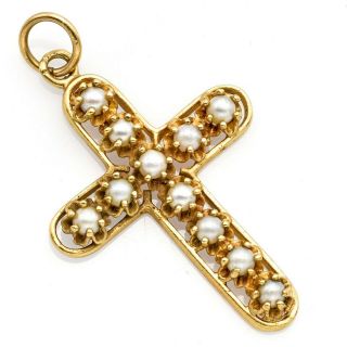 Vintage 14k Yellow Gold Sea Pearl Cross Pendant 4.  2 Grams
