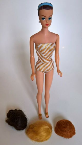 Vintage 1964 Fashion Queen Barbie Doll With Swim Suit & 3 Wigs