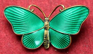 Ivar T Holth Sterling Silver Butterfly Brooch W/ Green Enamel - Norway - Vintage