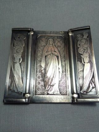 Antique Vintage Religious Christianity Triptych With Our Lady And Saints Metal