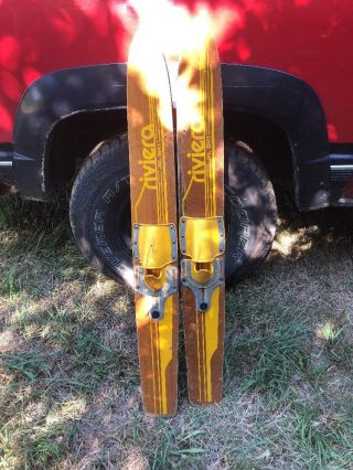 Vintage Riviera 47 " Wood Training Water Jr Skis W/ Aluminum And Rubber Bindings