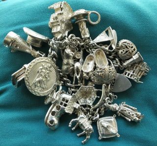 Vintage Sterling Silver Charm Bracelet - 23 Rare,  Large/opening Charms - 137.  4g