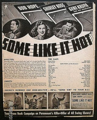 Gene Krupa,  Bob Hope (some Like It Hot) Rare Vintage 1939 Movie Pressbook