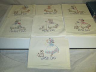 Vintage Kitchen Tea Towels Set Of 7 Days Hand Embroidered Girl Woman