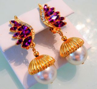 Vtg Nina Ricci Paris 2.  5 " Purple Jeweled Wings Glass Pearl Drop Runway Earrings