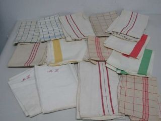 14 Vintage Linen & Cotton Kitchen Dish Towels Most With Stripes & Checks