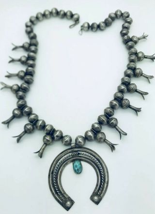 26 " Solid Old Pawn Vintage Navajo Sterling Turquoise Squash Blossom Necklace｜nr