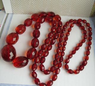 Long Vintage Faceted Cherry Amber Bakelite Bead Necklace