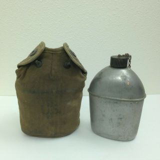 Vintage 1943 Us Army Military Metal Aluminum Water Bottle Canteen W/ Canvas Bag