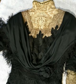 Antique Victorian - Edwardian HIGH - COLLAR SILK DRESS Gold Lamé Lace clothing lame 3