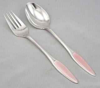 Frigast Denmark Sterling Silver Pink Guilloche Enamel Fork Spoon Set Box Vintage