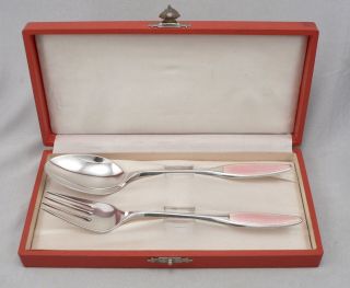 FRIGAST Denmark STERLING Silver Pink Guilloche Enamel Fork Spoon Set BOX Vintage 2