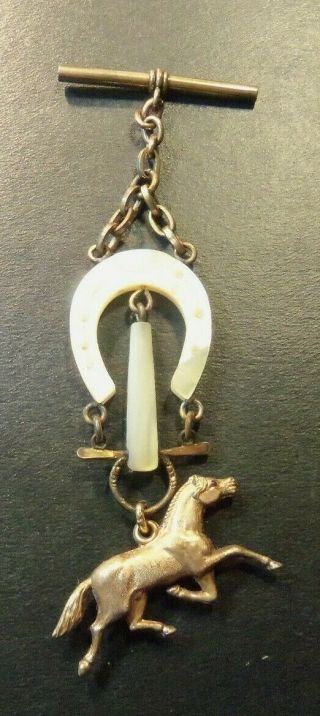 Victorian Pocket Watch Chain Trench Art Hand Made Mother Pearl Horse Eyes Ruby