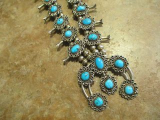 Fine Vintage Navajo Sterling Silver Kingman Turquoise Squash Blossom Necklace