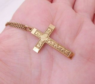 9ct Gold Engraved Cross Pendant On Chain,  Vintage 5.  5 Grams