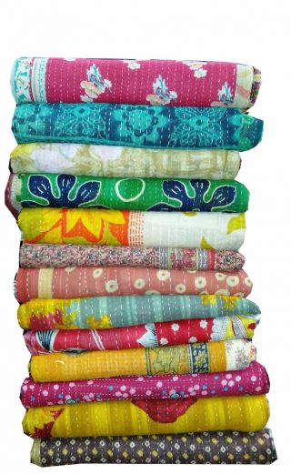 Indian Vintage Handmade Kantha Quilt Reversible Cotton Throw 10 Pc