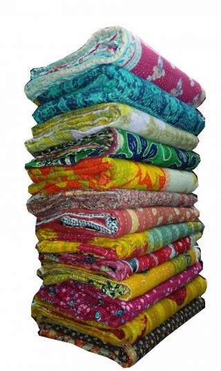 Indian Vintage Handmade Kantha Quilt Reversible Cotton Throw 10 pc 2