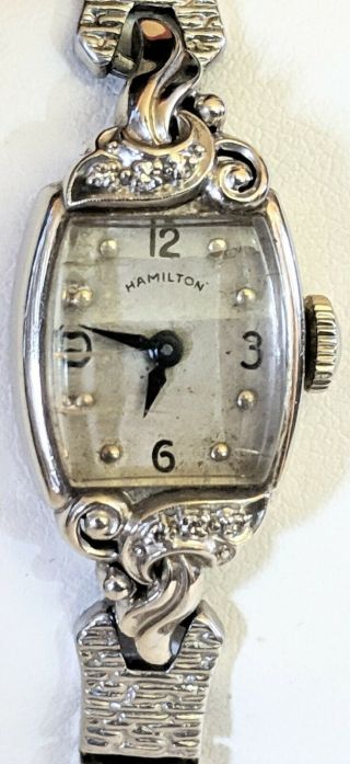 Vintage 14k White Gold Hamilton Ladies Wristwatch Diamonds Watch