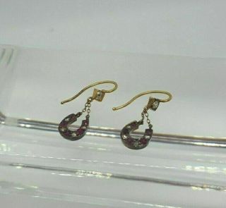 Antique 14k Horse Shoe Earrings Diamond & Ruby 