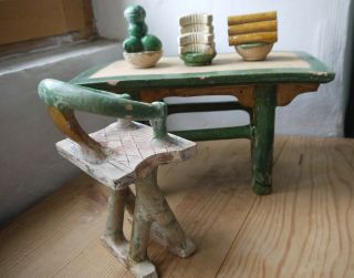 Chinese Ming Dynasty Sancai Pottery Funary Furniture Inc;table,  Chair And Food.
