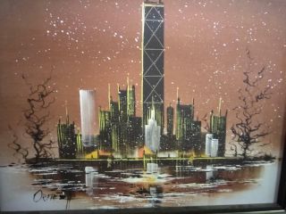 Vintage Artist Signed Abstract Expressionist Chicago Skyline Painting