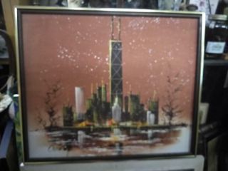Vintage Artist Signed Abstract Expressionist Chicago Skyline Painting 2