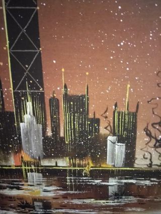 Vintage Artist Signed Abstract Expressionist Chicago Skyline Painting 3