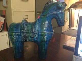 Antique Blue Glazed Ceramic Horse Statue Made In Italy