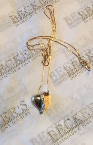 14k Yellow Gold 5 Diamond Shiny & Satin Finish Heart Pendant,  17.  5 ",  Signed