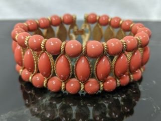 Egyptian Revival Vintage Coral Colour Beads Cabochons Trifari Jewelry Bracelet