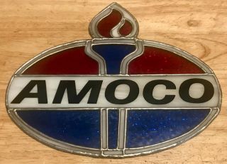 Vintage Amoco Gas & Oil Leaded Stained Glass Type Sign Rare Hard To Find