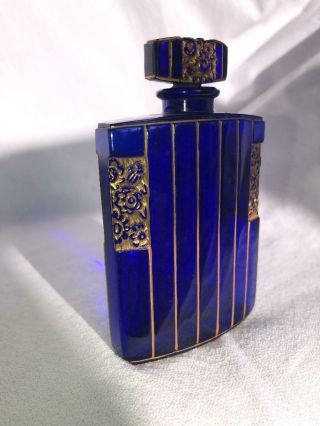 Rare Antique French Delettrez Glass Perfume Bottle Art Deco Cobalt Blue Gold