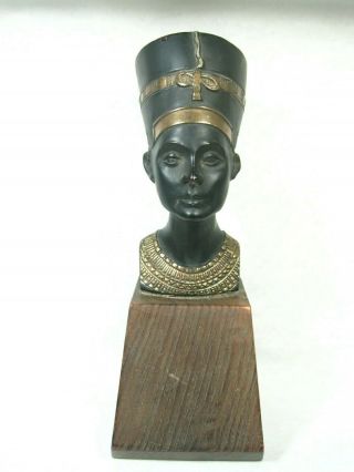 Queen Nefertiti Bronze Bust Egyptian Pharaoh Vintage Gold Black Artwork 9 " H