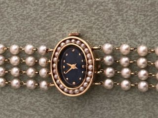 Vintage Lucian Piccard Ladies 14 K Watch With Pearl Band