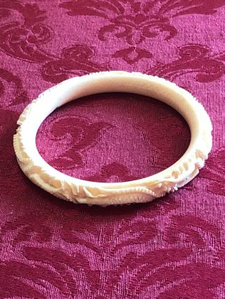 Antique Cream White Dragon Carved Bangle Bracelet Chinese Detailed Asian Design
