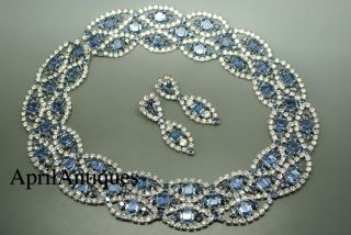 Vintage Cristobal London Blue Clear Swarovski Crystal Bib Necklace Set