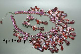 Vintage Cristobal London Red Swarovski Crystal Star Tassel Drops Bib Necklace