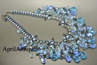 Vintage Cristobal London Blue Swarovski Crystal Star Tassel Drops Bib Necklace