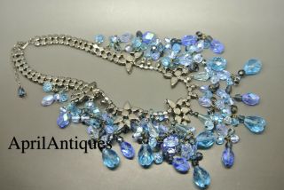 Vintage Cristobal London blue swarovski crystal star tassel drops bib necklace 6