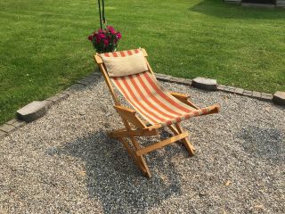 Vintage Glider Chair Canvas & Wood Folding Beach Deck Lounge