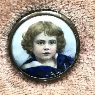 Rare 14k Yellow Gold Victorian Painted Enamel Miniature Portrait Of Young Child