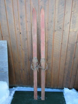 Vintage Wooden 71 " Skis Has Old Finish With Pointed Top Tips,  Metal Bindings