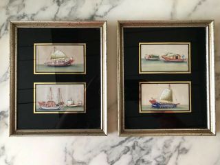 Set Of 4 Antique 19th Century Miniature Chinese Pith Paintings Framed In Pairs