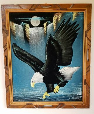 Vintage Black Velvet Painting Of Bald Eagle By Artist David Ortiz