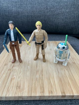 Vintage 1980’s Star Wars Figures Han Solo,  R2d2,  And Luke Skywalker With Weapons