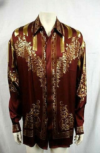 Nwt Rare Men Vintage Creme De Silk Metallic Silk Shirt Style Burgandy 5475 Xl