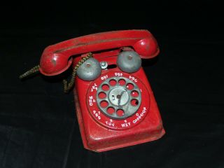 Double Bell Play Telephone Red Rotary Toy Phone 1953 N.  N.  Hill Brass Co.  Steel